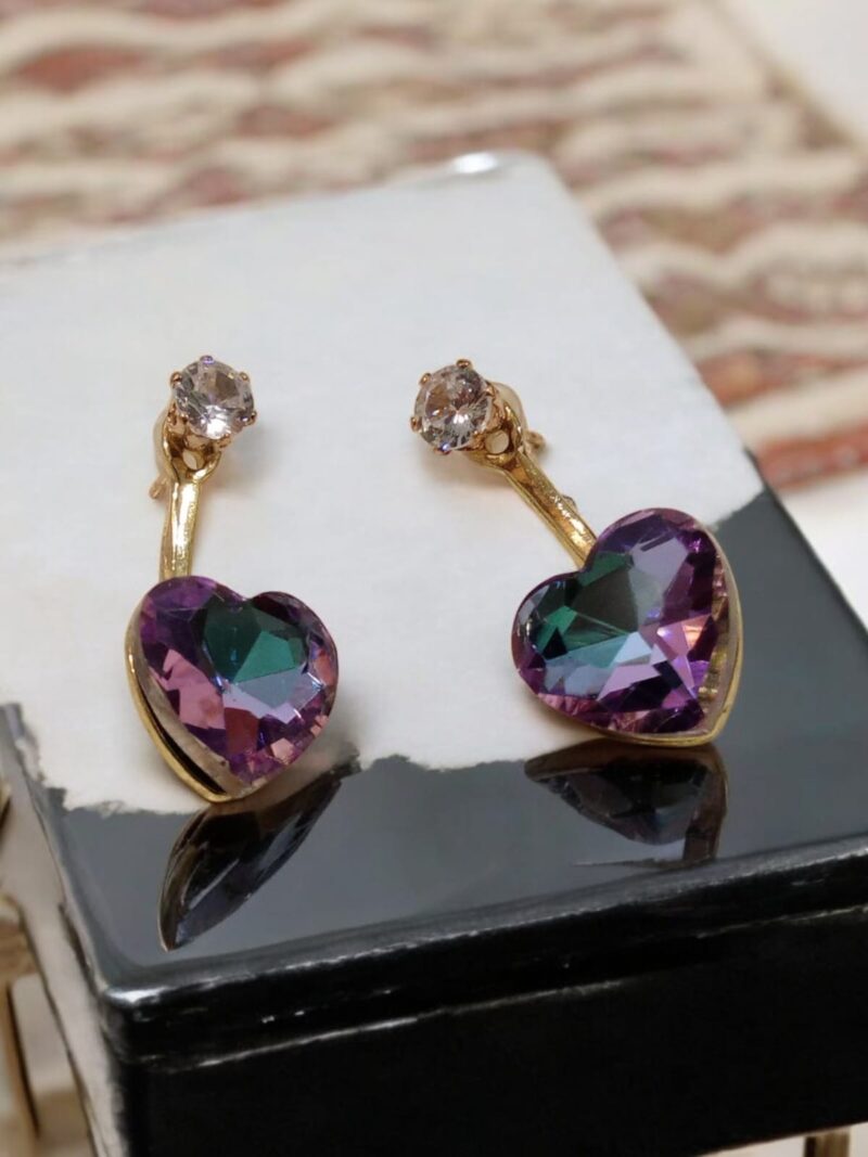 Multi Colour Heart Drop Earrings with Crystal Embellishments or Gold-Plated Multi-Color Crystal Heart Dangler Earrings. - Image 2
