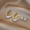 JJK 16  Trendy White Pearls Drop Hoop Korean Earrings.