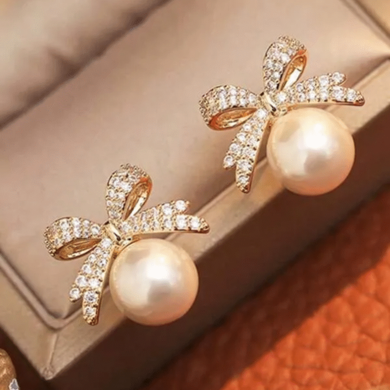 JJK 32 Double Circle Pearl and Rhinestone Earrings or Double Circle Diamond Rhinestone Pearl Earrings. - Image 2