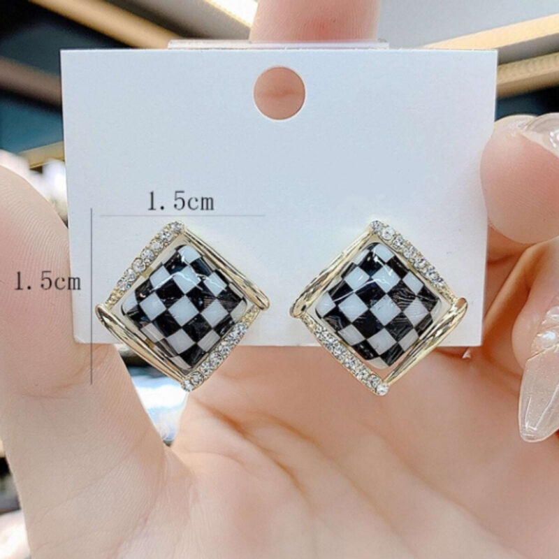 Black and White Checkered Square Stud Earrings - Image 2