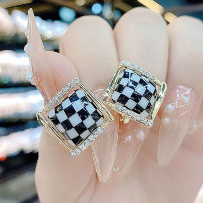 Black and White Checkered Square Stud Earrings - Image 3