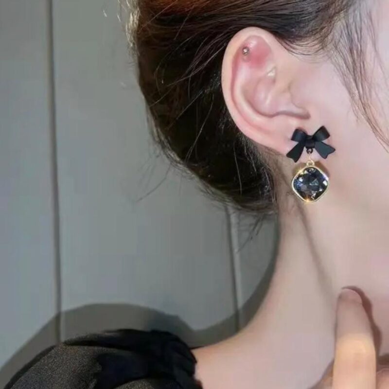 Black Bowknot Drop Earrings - Image 2