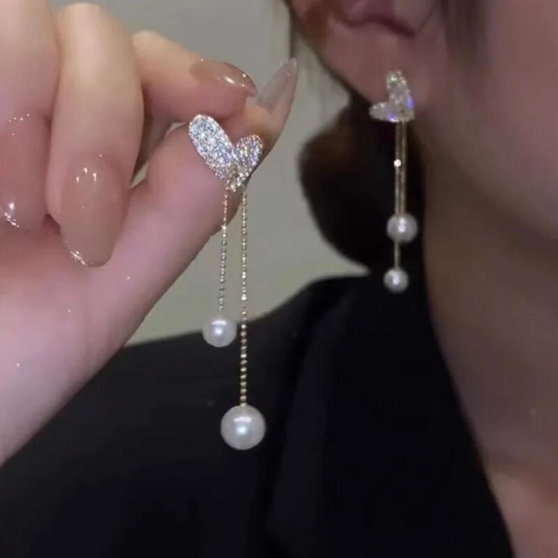 YN Jewelry S925 Silver Needle Gold-Plated Korean Style Zircon Heart Pearl Tassel Drop Earrings - Image 2