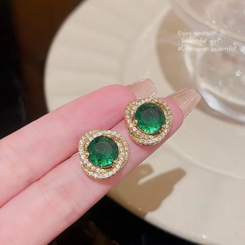 Emerald Green Halo Stud Earrings - Image 2