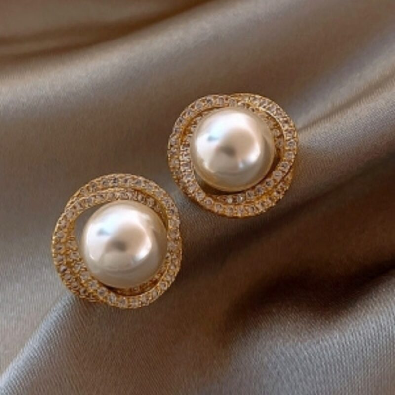 Gold-Plated Pearl & Cubic Zirconia Stud Earrings - Image 2