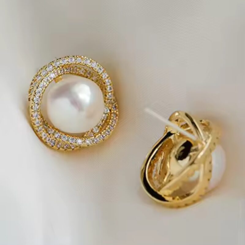 Gold-Plated Pearl & Cubic Zirconia Stud Earrings - Image 3