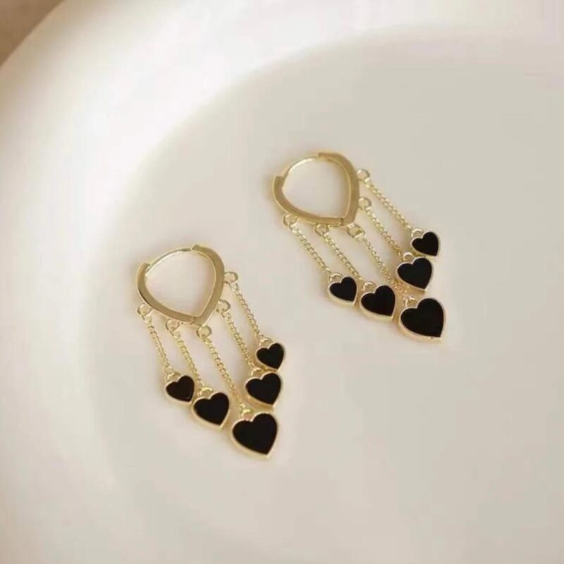 Gold and Black Heart Dangle Hoop Earrings.