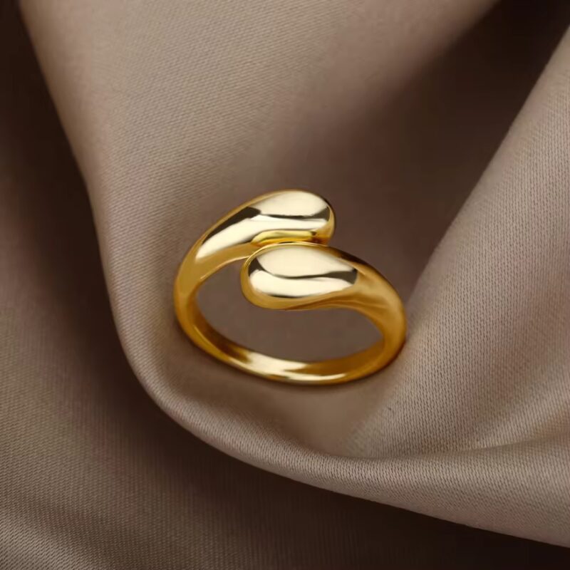 Gold Water Drop and Sphere Open Ring