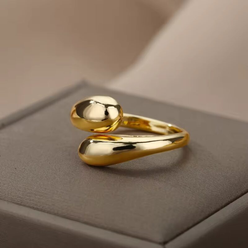 Gold Water Drop and Sphere Open Ring - Image 2