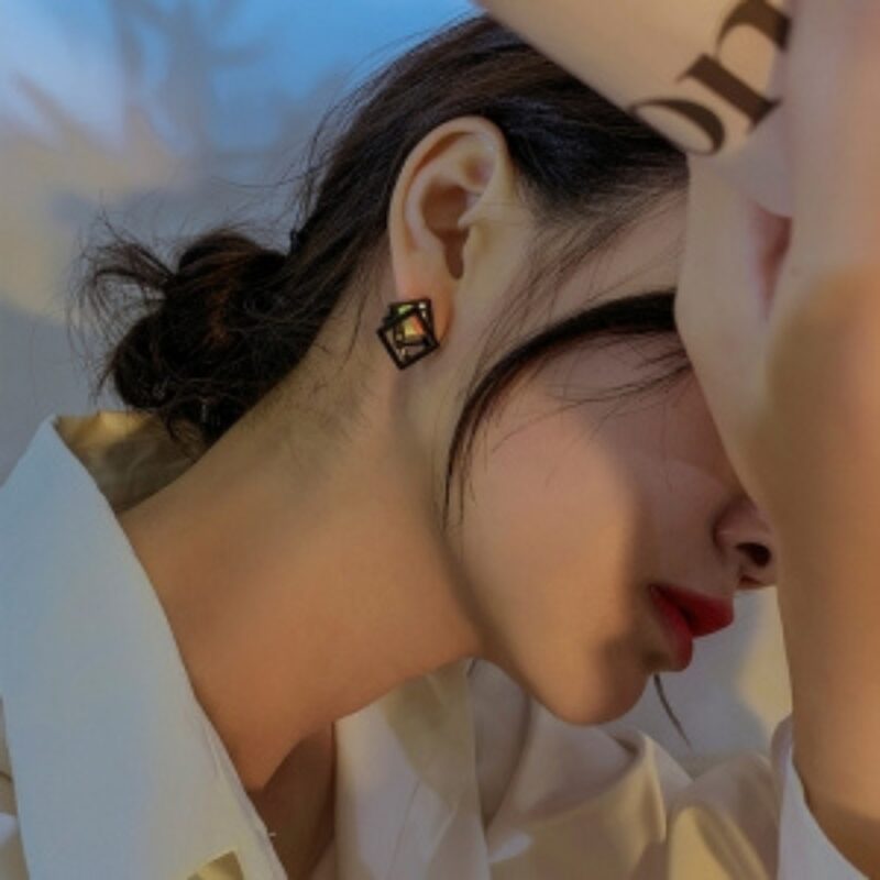 Black Geometric Square Stud Earrings with Mirror or Crystal Effect. - Image 3