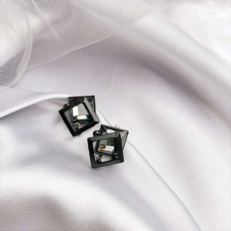 Black Geometric Square Stud Earrings with Mirror or Crystal Effect. - Image 2