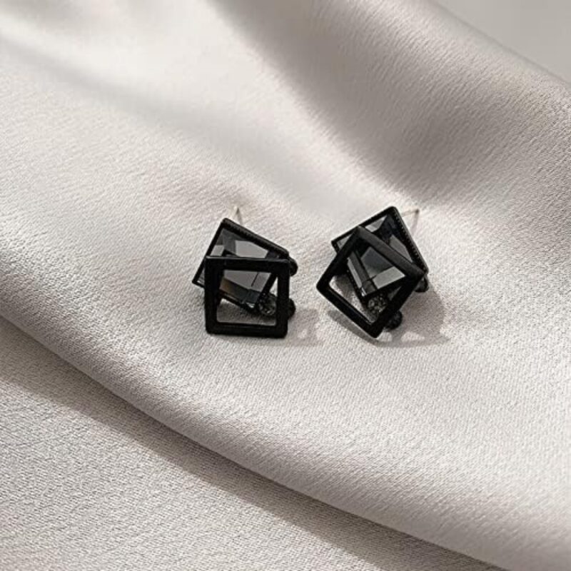 Black Geometric Square Stud Earrings with Mirror or Crystal Effect.