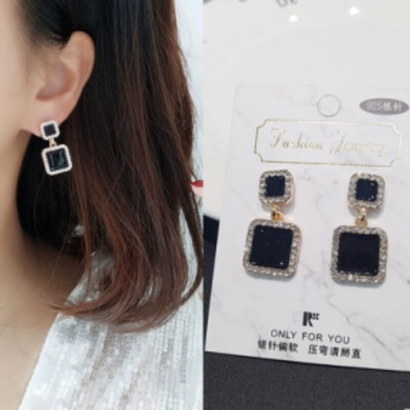 Black and Gold Square Drop Earrings with Crystal Accents. - Image 3