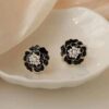 Black Camellia Pearl Flower Stud Earrings