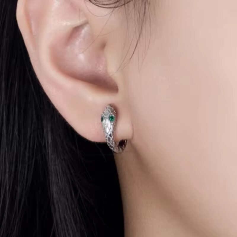 Silver-toned Snake Huggie Hoop Earrings with Green "Emerald" Eyes - Image 2