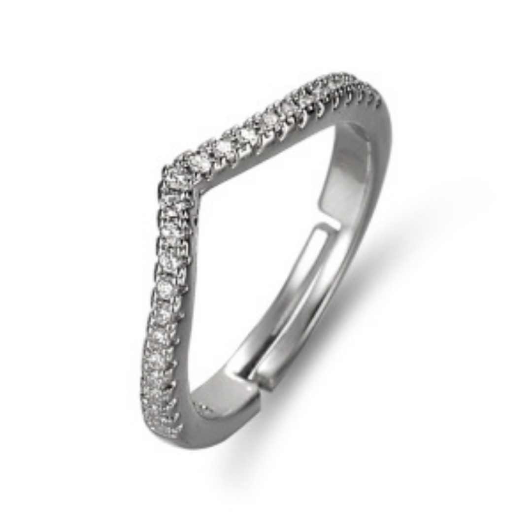 Silver Plated American Diamond Studded V Shape Contemporary Adjustable Finger Ring.