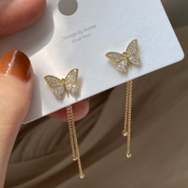 Korean Style Gold Plated Zircon Butterfly Tassel Drop Earrings.
