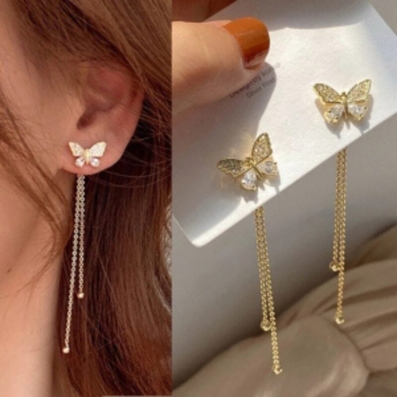 Korean Style Gold Plated Zircon Butterfly Tassel Drop Earrings. - Image 2