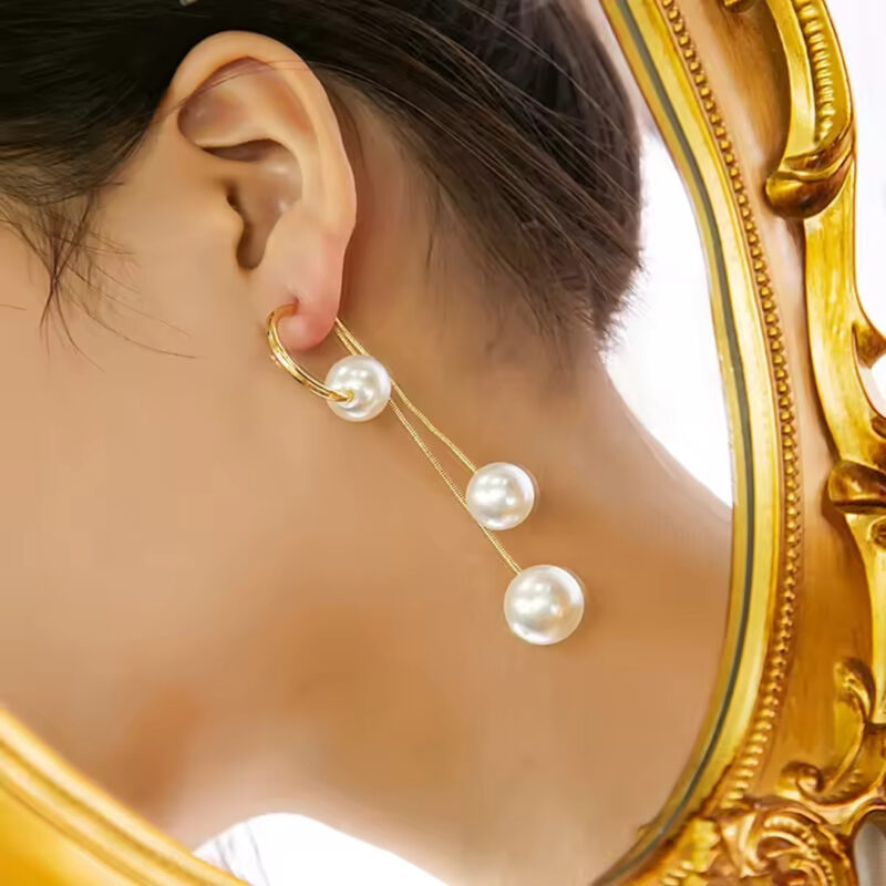 Korean Style Gold-Plated Long Pearl Drop Dangle Earrings or Layered Pearl Chain Earrings. - Image 3