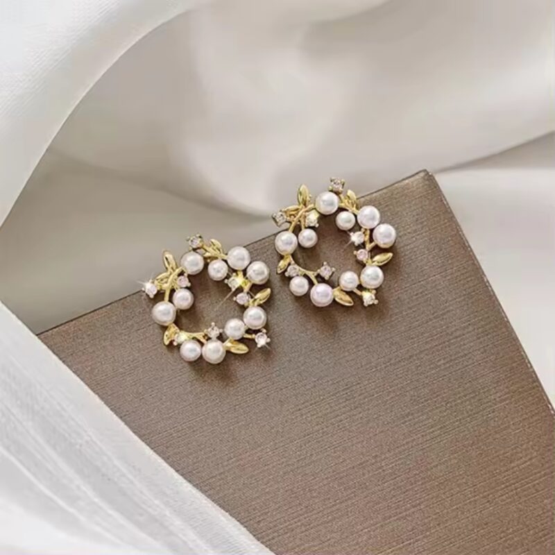 Korean Style Gold-Plated Pearl & Crystal Wreath Stud Earrings - Image 2