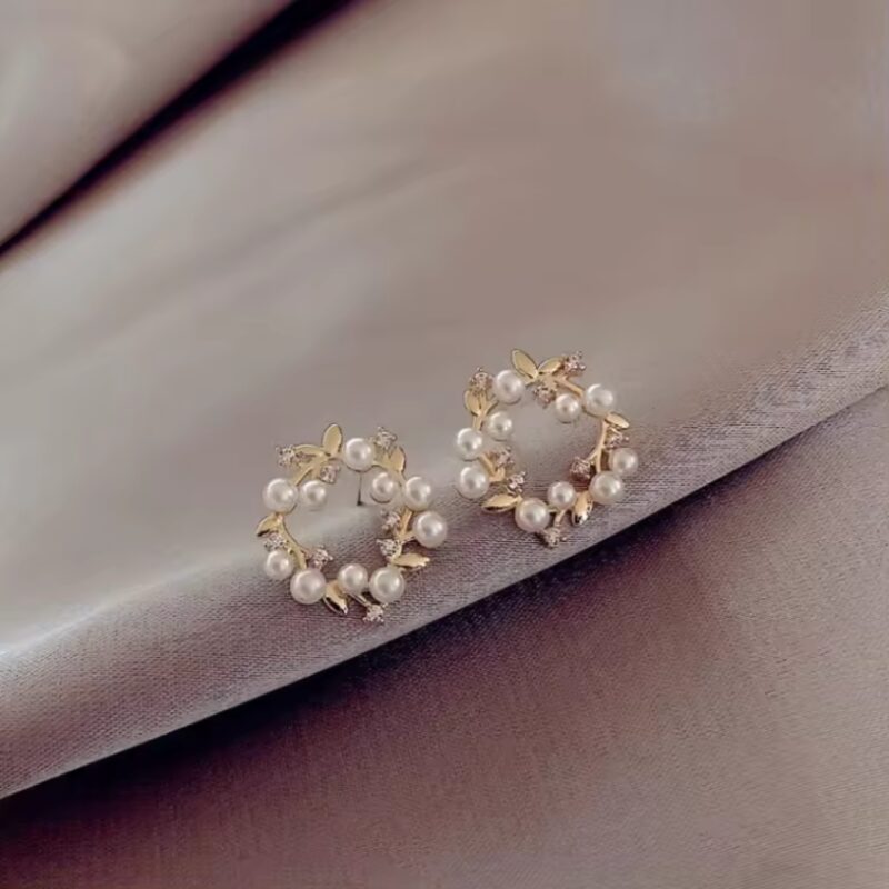 Korean Style Gold-Plated Pearl & Crystal Wreath Stud Earrings - Image 3