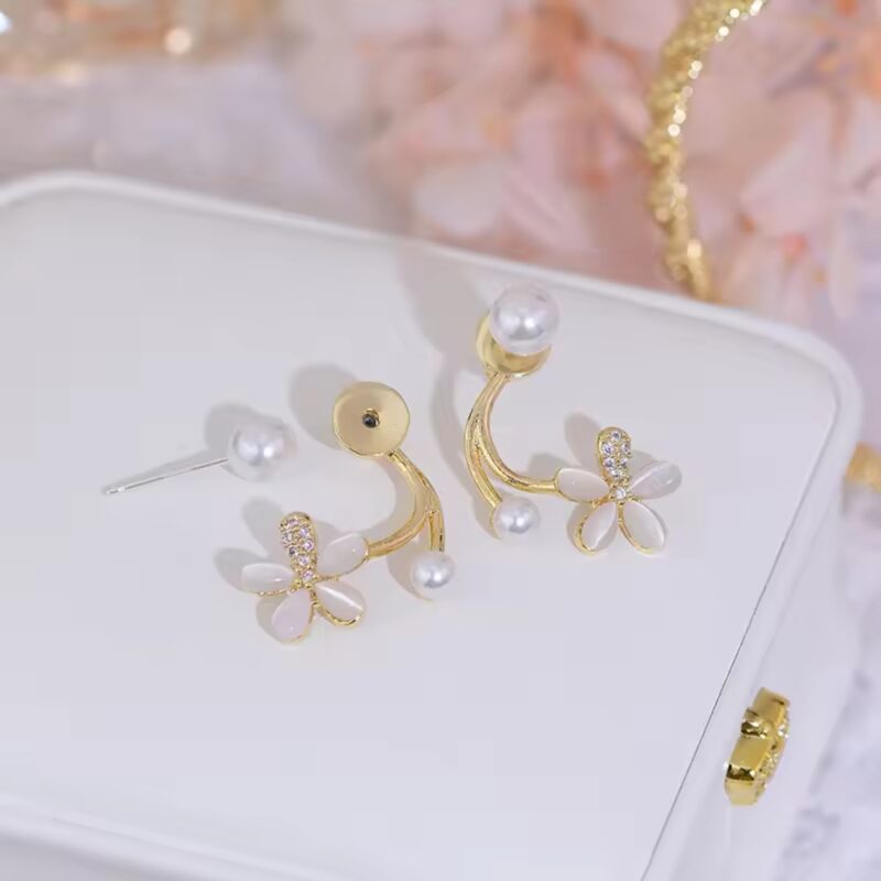 Gold Floral Pearl Earrings. - Image 2