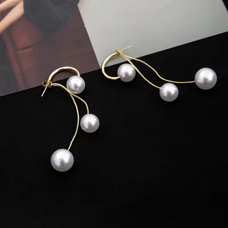 Korean Style Gold-Plated Long Pearl Drop Dangle Earrings or Layered Pearl Chain Earrings. - Image 2