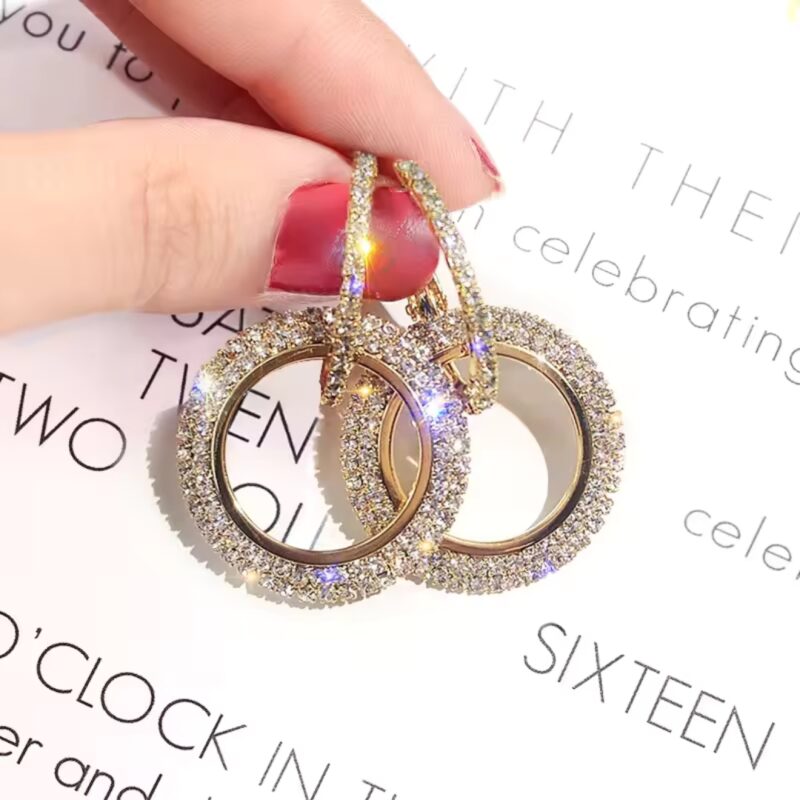 Rhinestone or Cubic Zirconia Studded Double Hoop Earrings or American Diamond Gold-Toned Double Circle Earrings.