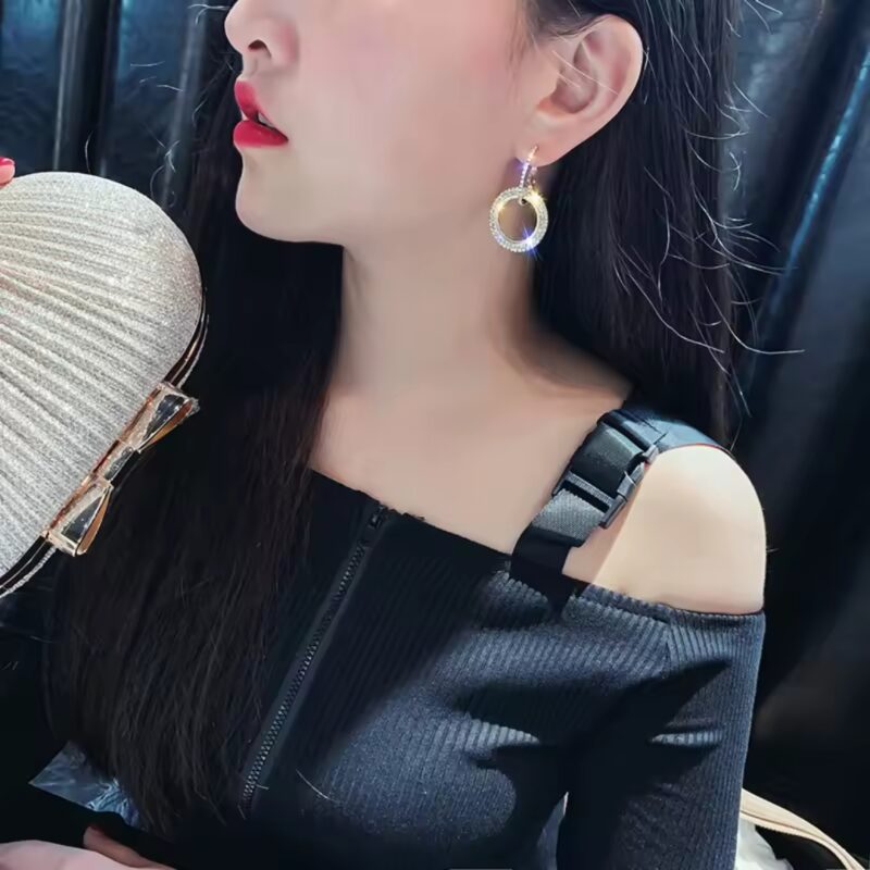 Rhinestone or Cubic Zirconia Studded Double Hoop Earrings or American Diamond Gold-Toned Double Circle Earrings. - Image 2