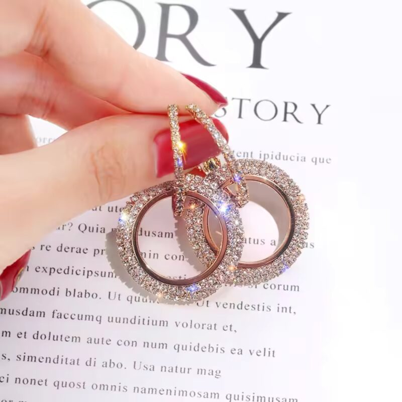 Rhinestone or Cubic Zirconia Studded Double Hoop Earrings or American Diamond Gold-Toned Double Circle Earrings. - Image 3