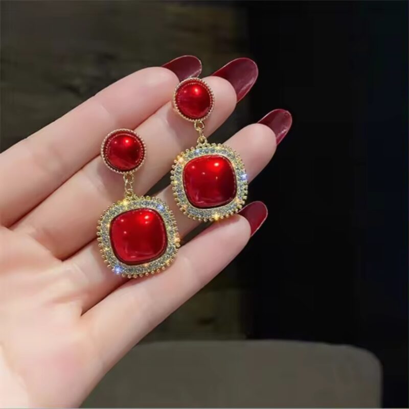 Red Crystal Square Drop Earrings with Rhinestones - Image 3