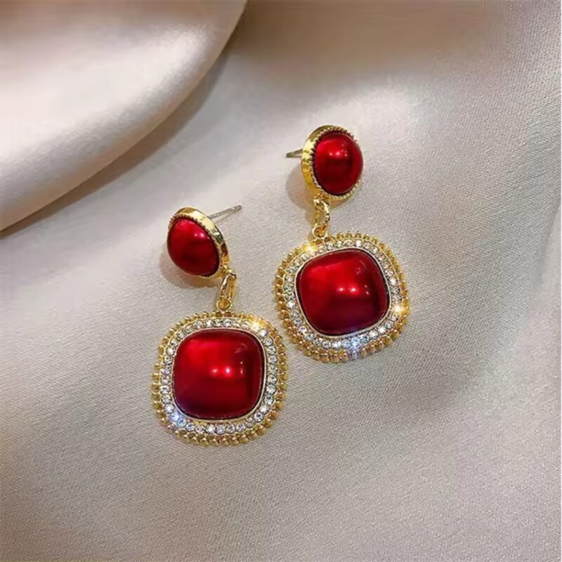 Red Crystal Square Drop Earrings with Rhinestones - Image 2