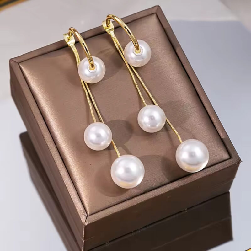 Korean Style Gold-Plated Long Pearl Drop Dangle Earrings or Layered Pearl Chain Earrings.