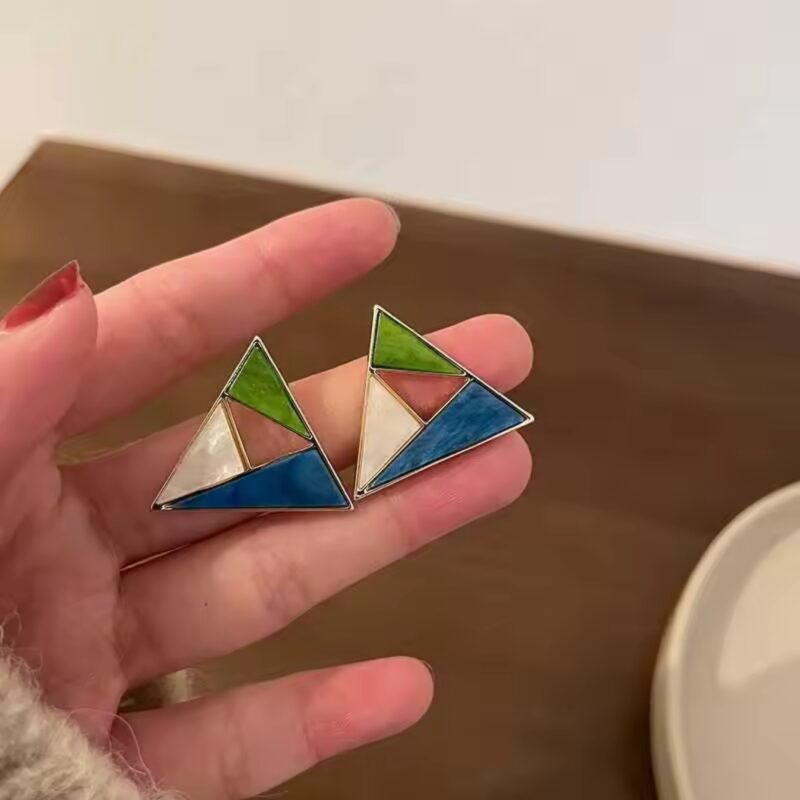 Geometric Enamel Multi-Color Triangle Stud Earrings. - Image 2