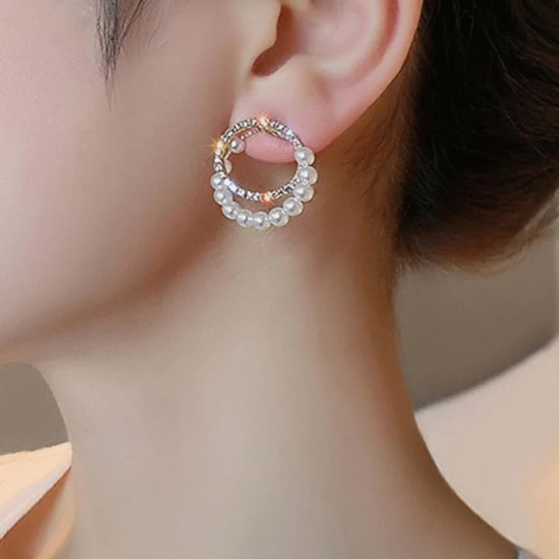 JJK 28 Double Circle Pearl and Rhinestone Earrings or Double Circle Diamond Rhinestone Pearl Earrings. - Image 3
