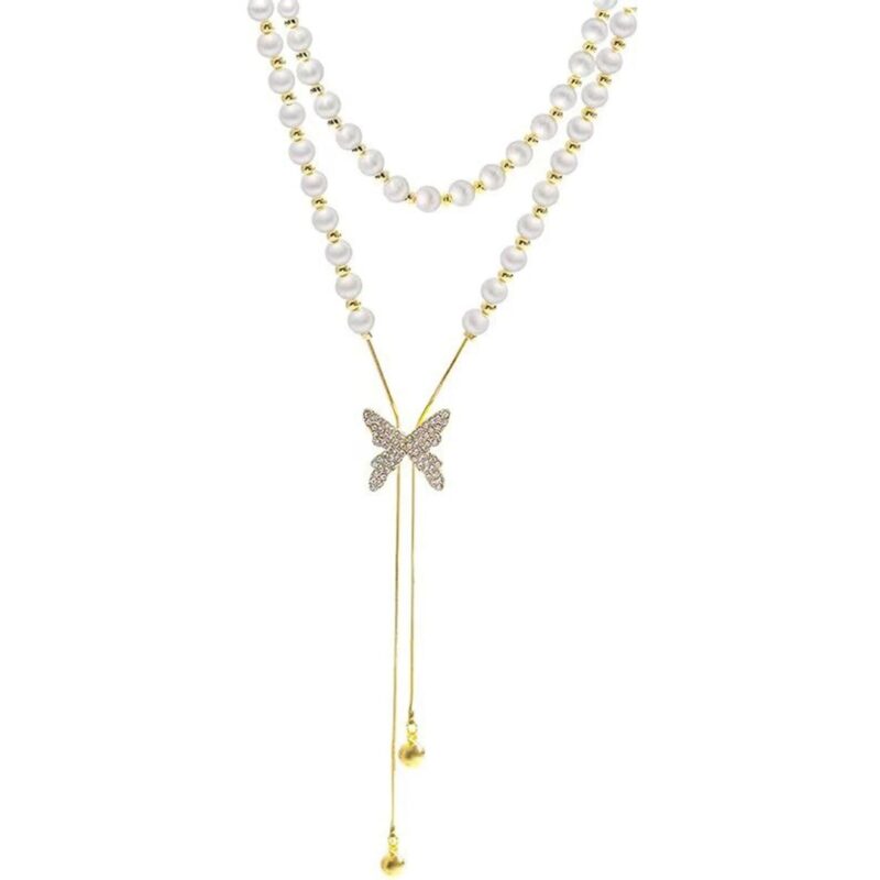 Golden Butterfly Chain Pearl Tassel Pendant Necklace - Image 3
