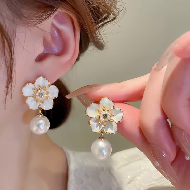 Flower Pearl Drop Earrings or Gold-Plated White Flower Pearl Drop Earrings. - Image 2