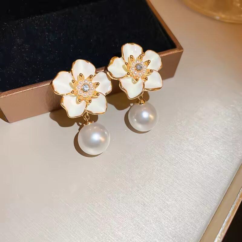 Flower Pearl Drop Earrings or Gold-Plated White Flower Pearl Drop Earrings.