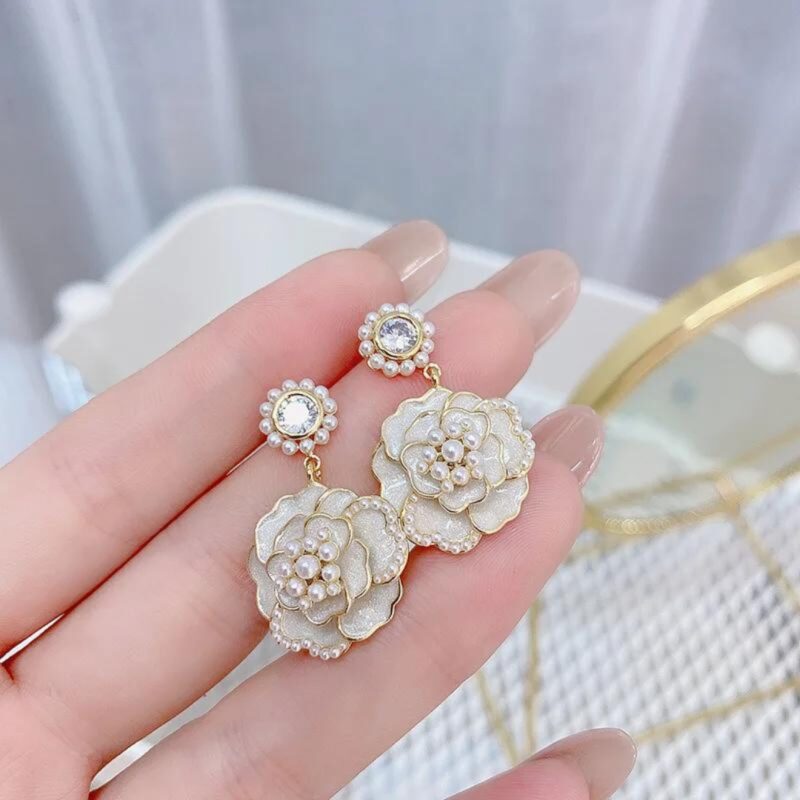 White Pearl Camellia Flower Dangle Earrings - Image 2