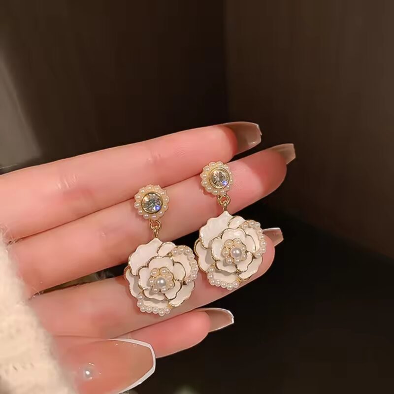 White Pearl Camellia Flower Dangle Earrings - Image 3