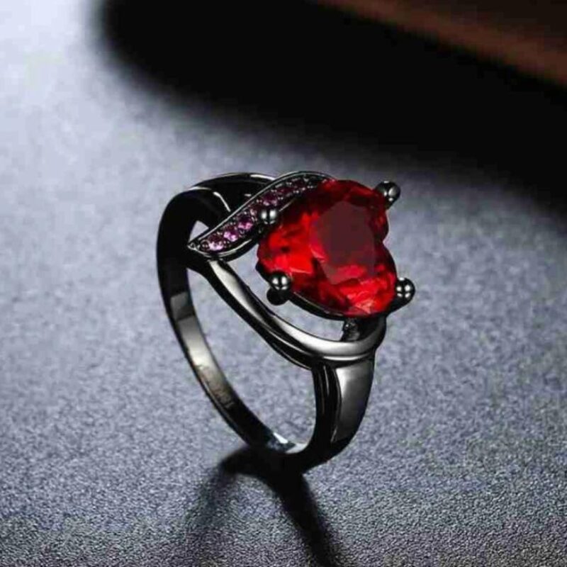 Black Plated Red Heart Crystal Ring.