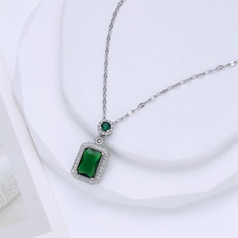 Silver Green Emerald Necklaces Emerald Cut Pendant Necklace - Image 2