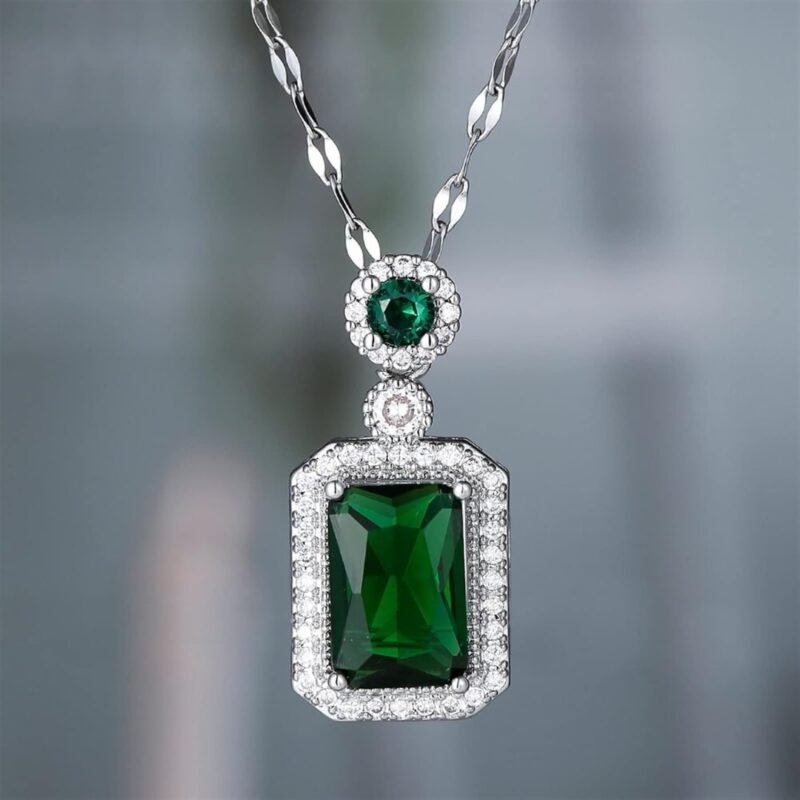 Silver Green Emerald Necklaces Emerald Cut Pendant Necklace