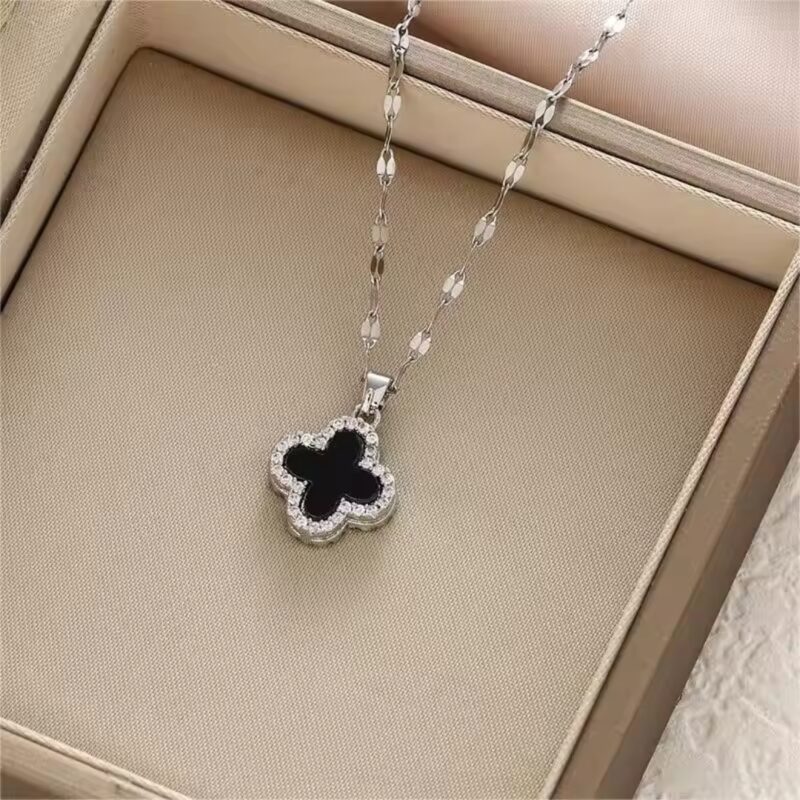"925 Sterling Silver Black Four-Leaf Clover Pendant Necklace with Cubic Zirconia Accents" - Image 2