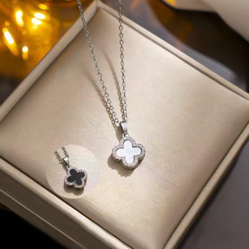 "925 Sterling Silver Black Four-Leaf Clover Pendant Necklace with Cubic Zirconia Accents" - Image 3