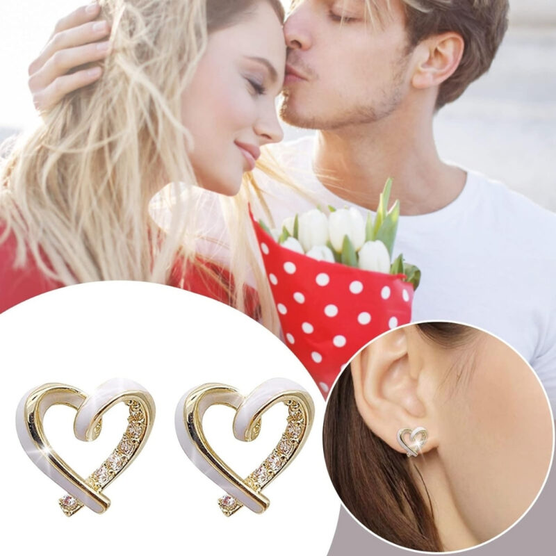 Heart-Shaped Stud Earrings, White Enamel with Gold-Tone Border - Image 2