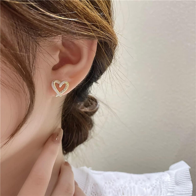 Heart-Shaped Stud Earrings, White Enamel with Gold-Tone Border - Image 3