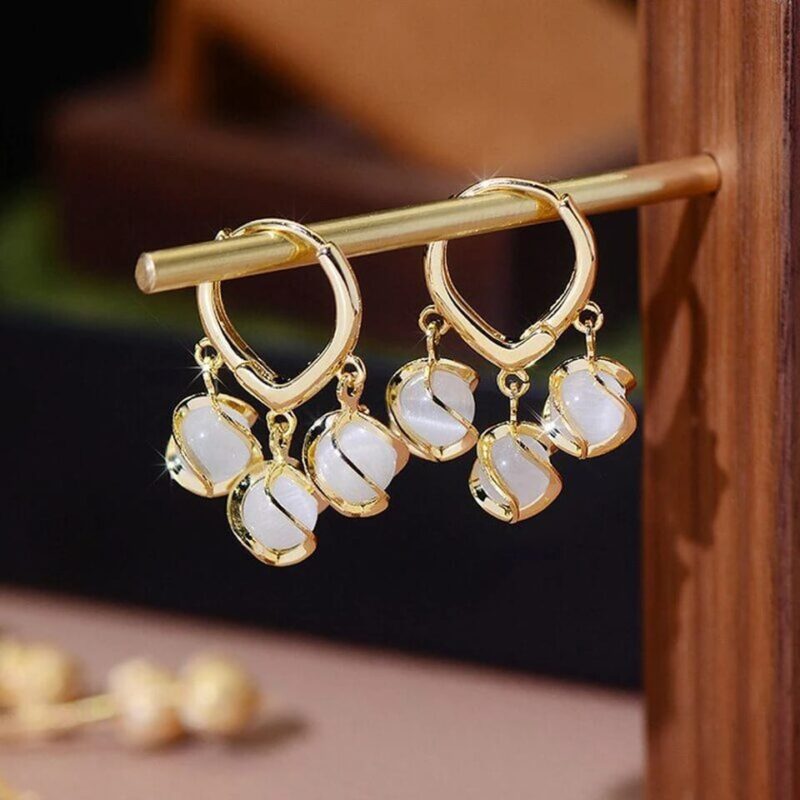 JJK 11 Korean-style gold-plated hoop earrings with dangling white stone or pearl charms,