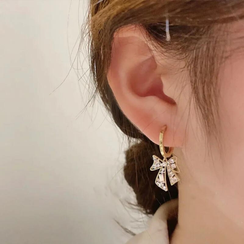 Korean trendy beautiful princess American diamond stone bo tai hoop earrings. - Image 3
