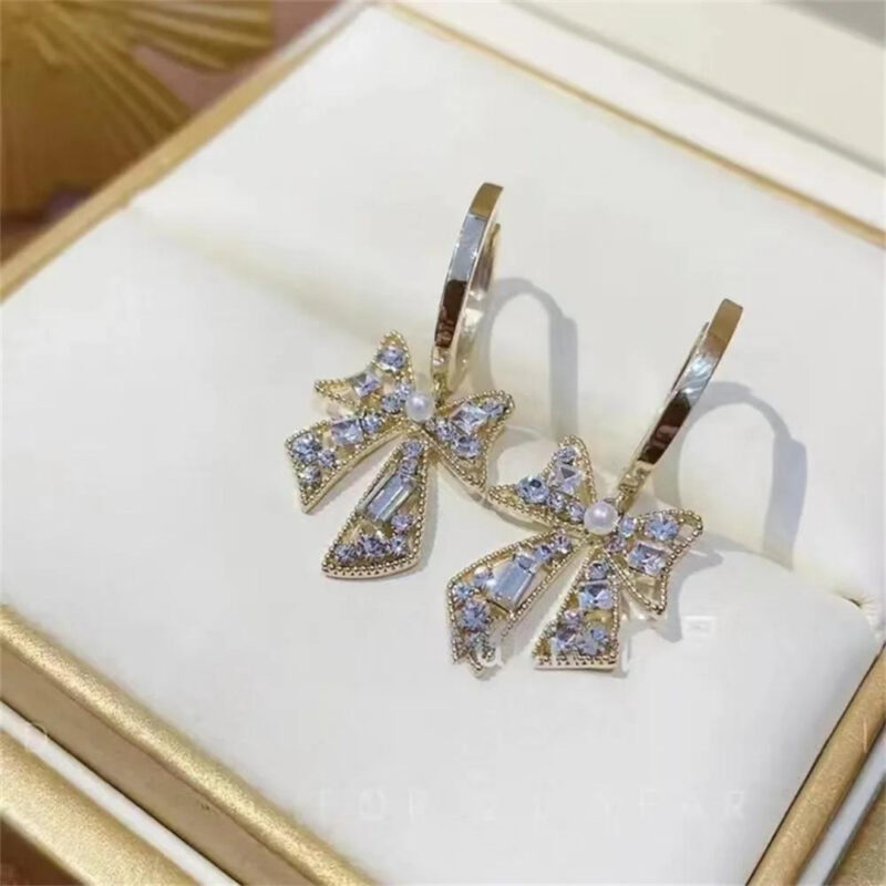 Korean trendy beautiful princess American diamond stone bo tai hoop earrings. - Image 2